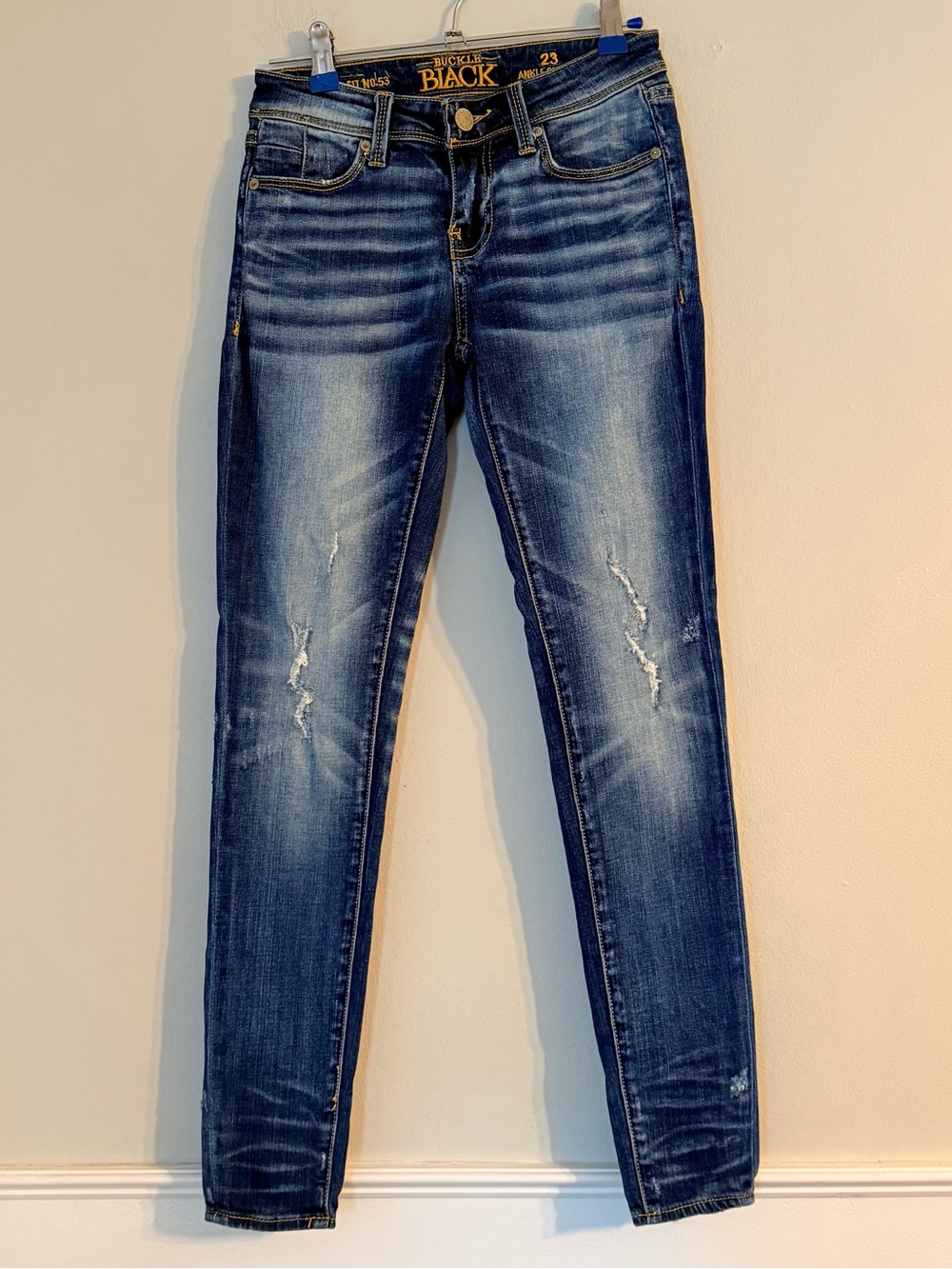 Buckle Black Fit No.53 Ankle Skinny Jeans Distressed Faded Dark Blue Wash